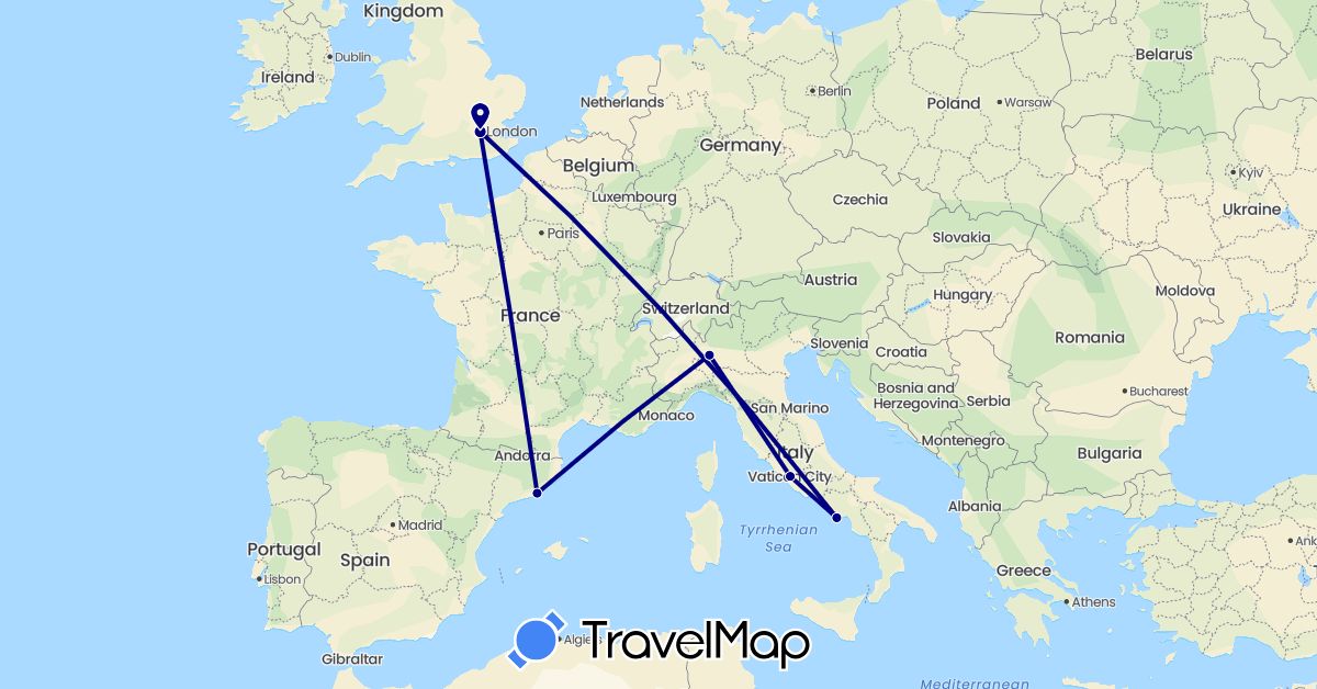 TravelMap itinerary: driving in Spain, United Kingdom, Italy (Europe)