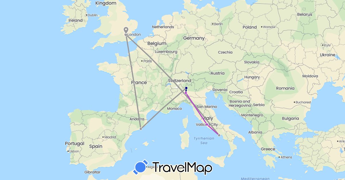 TravelMap itinerary: driving, plane, train in Spain, United Kingdom, Italy (Europe)
